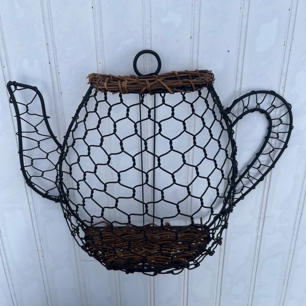 Rustic Black Chicken Wire Teapot Wall Basket Rattan Trim Farmhouse Decor 13in